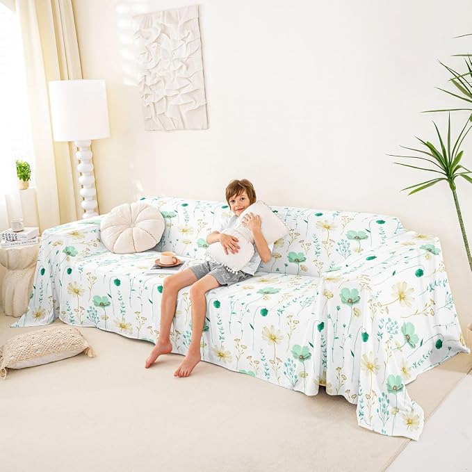 Erosebridal Watercolor Floral Sofa Cover Mint Green Beige Flower Couch Cover Modern Minimalist White Sofa Slipcover for Pets, Kids, Dog Rustic Farmhouse Washable Non Slip Couch Protector 71" X 150" - Image 4