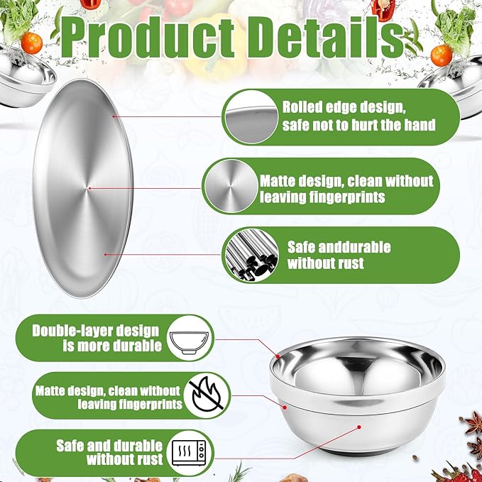 Sunnyray 6 Sets Stainless Steel Plates Bowls and Cups 304 Metal Camping Stainless Steel Dinnerware for Serving Reusable Double Walled Insulated Plates Bowls and Cups for Rice Ice Cream - Image 6