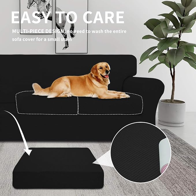 Easy-Going 3 Pieces Stretch Couch Cover Sofa Cover for Dogs Washable Sofa Slipcover for 2 Separate Cushion Couch Spandex Jacquard Fabric Elastic Furniture Protector for Pets, Kids (Black, Loveseat) - Image 3