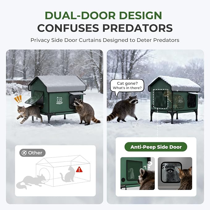 Heated Cat House Weatherproof - Insulated Outdoor Cat Shelter with Thermostatic Heating Pad, Water Resistant 900D Oxford Feral Cat House with Anti-Peep Curtains Escape Door for Winter, Medium - Image 5