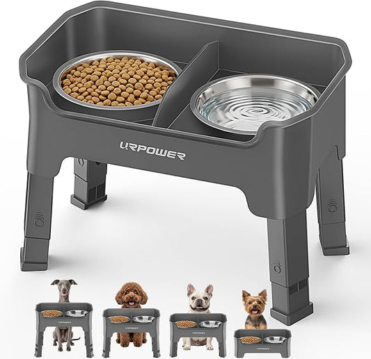 URPOWER Mess Proof Elevated Dog Bowls for Small Dogs with Splash Guard | 4 Height Adjustable Raised Stand with 2 Stainless Steel Food Bowls & Licking Plate for Small, Medium & Large Dogs by URPOWER