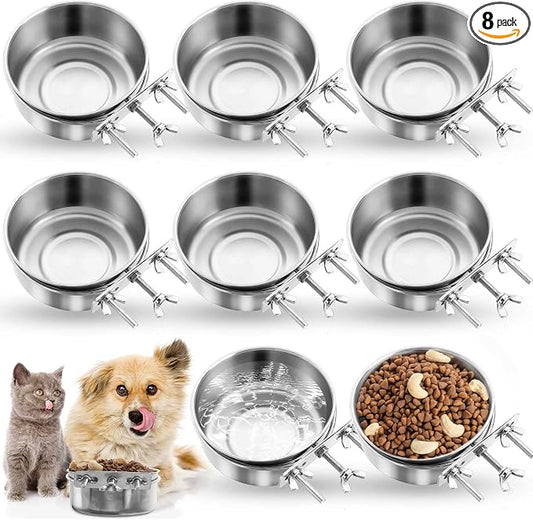 Zubebe 8 Pcs Stainless Steel Hanging Dog Crate Bowls, Non-Spill Kennel Food Water Bowls with Screw Clamp Attach Holders, Removable Mountable Metal Cage Feeder for Pet(19 oz) by Zubebe