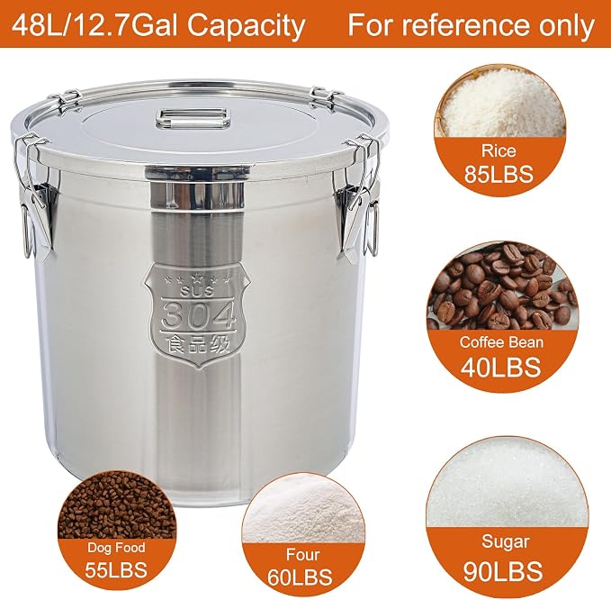 DYNAMI 12.7Gal 304 Stainless Steel Rice Storage Container,Extra Large Food Grade Canister,40-90Lbs Sealed Rice Bucket with Airtight Lid and Locking Buckle,for Rice, Flour, Grain (48L) - Image 3