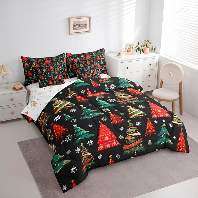 Erosebridal Black Christmas Bedding Set King Red Green Christmas Tree Comforter Set 7 Piece Xmas Forest Pine Trees Bed in A Bag for Adults Winter Xmas Snowflake Quilt with Flat Fitted Sheet - Image 4