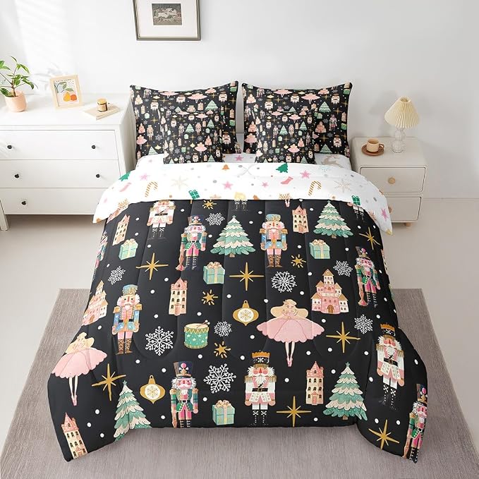 Erosebridal 7Pcs Black Christmas Comforter Set King Size,Nutcracker Bedding Set,Xmas Snowflake Stars Bed in A Bag,Romantic Princess Castle Quilt with Flat Fitted Sheet - Image 3