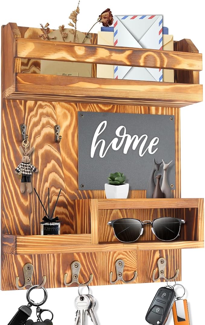 Large Key and Mail Holder Wall Mount, 12.5x16.5 Inch Solid Wood Key Racks for Entryway, Front Door, Hallway, Wall Organizer (Burnt Brown) by Eryvik