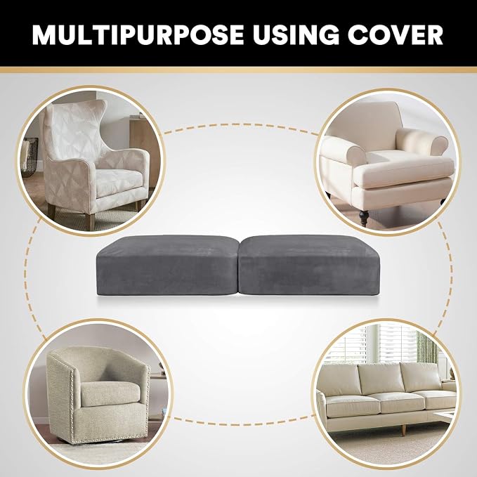 PrinceDeco Velvet Couch Cushion Cover Soft Stretch Cushion Slipcover for Chair Loveseat Sofa Cushion Furniture Protector Seat Cushion Sofa Cover Each Width Up to 40", Grey - Image 6