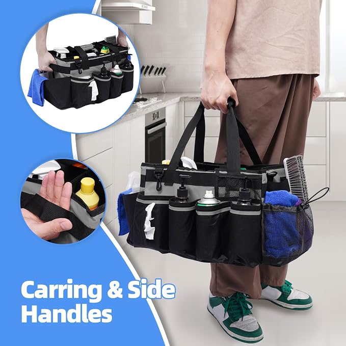 Large Cleaning Supplies Bags for Housekeepers, Professional Wearable Cleaning Supply Caddy for House Cleaners Detail Car Cleaning Supplies Organizer Tote with Handle, Grey - Image 4