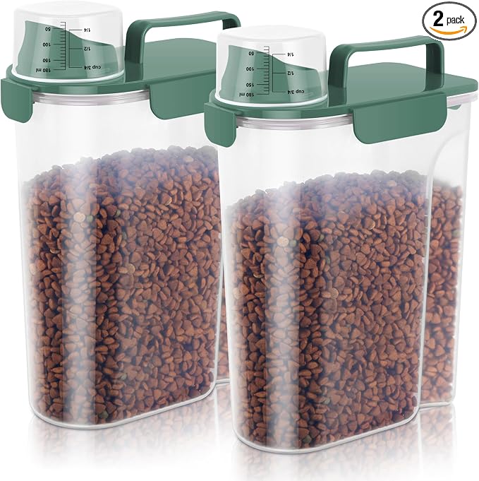 LEAWALK 5-7lbs Cat Dog Storage Container Portable with Upgraded Large Spout and Cup, Plastic Pet Food Dispenser BPA-Free for Small Animal Kibble, Bird Seed, Oatmeal, Rice, Flour-2Pack Royal Green by LEAWALK