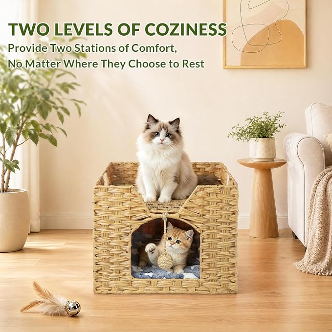 Handwoven Rattan Cat Bed Indoor Kitten, Cat Bed Cave with Cushion, Sisal Ball & S-Shaped Hooks, Foldable Hideaway Cat House for Bedroom Living Room, Natural - Image 5
