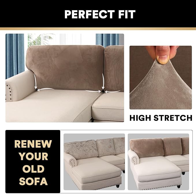 PrinceDeco Sectional Couch Covers Velvet Cushion Covers for Sectional Couch Cushion Covers for Sectional Sofa Separate Sectional Sofa Slipcovers Washable(1 Chaise Back+ 2 Sofa Back,Taupe) - Image 5