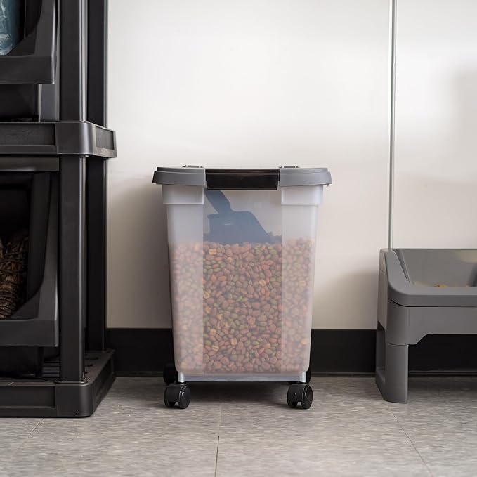 IRIS USA Airtight Dog Food Storage Container 25 lbs, Removable Wheels, for Dog Cat Bird and Other Pets, Food Storage Bin, Keep Fresh, Made in USA, Clear/Dark Gray - Image 3