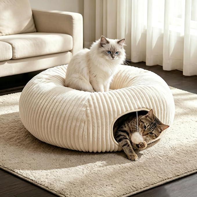 Cat Tunnel Bed with 30 Pcs Interactive Cat Toys, Cat Tube with Kitten Toys for Indoor Kittens, Collapsible Play Tunnel, White - Image 6