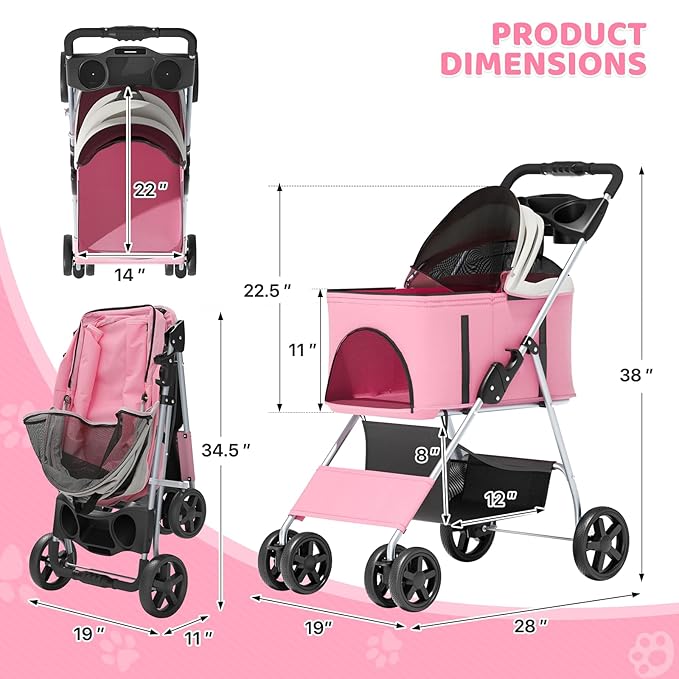Magshion Foldable Pet Stroller, 3-in-1 Dog Travel Jogger with Detachable Carrier, Cup Holder, Storage Basket, Folding Carrier for Small/Medium Dogs & Cats Up to 33 lbs, Pink