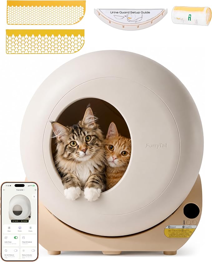 Furrytail Automatic Litter Box Self Cleaning, Kitty Litter Box, Smart Safety Sensors, Advanced Odor & Leak Control, Large Capacity for Multi Cat Homes, with App Control & 40 Trash Bags,Cream by Furrytail