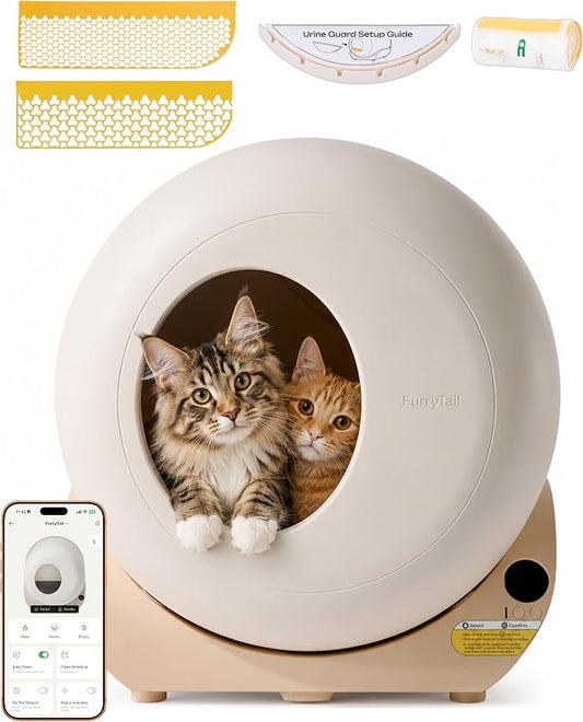 Furrytail Automatic Litter Box Self Cleaning, Kitty Litter Box, Smart Safety Sensors, Advanced Odor & Leak Control, Large Capacity for Multi Cat Homes, with App Control & 40 Trash Bags,Cream by Furrytail