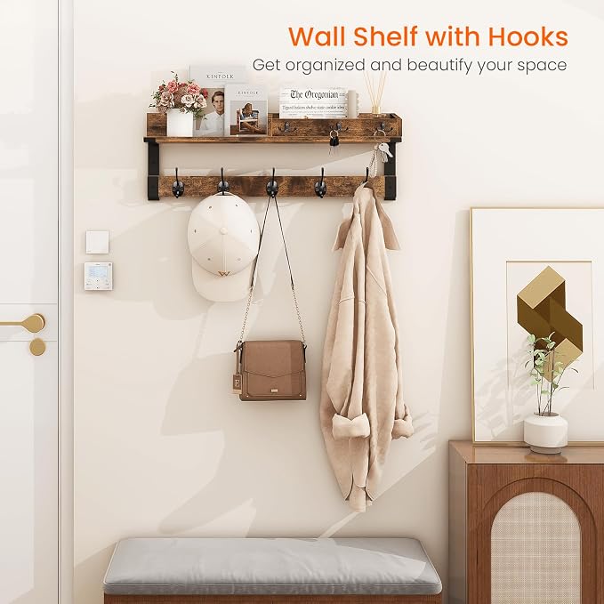 Homode Coat Rack with Shelf, Wall Shelf with Hooks, Rustic Brown Black | 26 Inch Long Coat Hanger Wall Mount with Key and Mail Holder, Wood Entryway Shelves for Hanging Hat Jacket Backpack Purse - Image 2