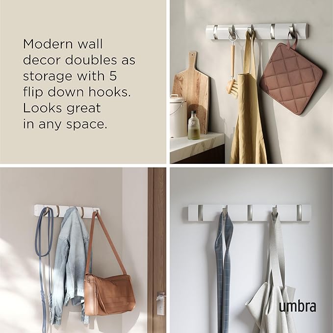 Umbra Flip Coat Rack, Wall Mounted 5-Hook Space Saving, White/Nickel | Real wood and steel build, retractable hooks fold flat, holds coats bags and scarves, easy install - Image 4