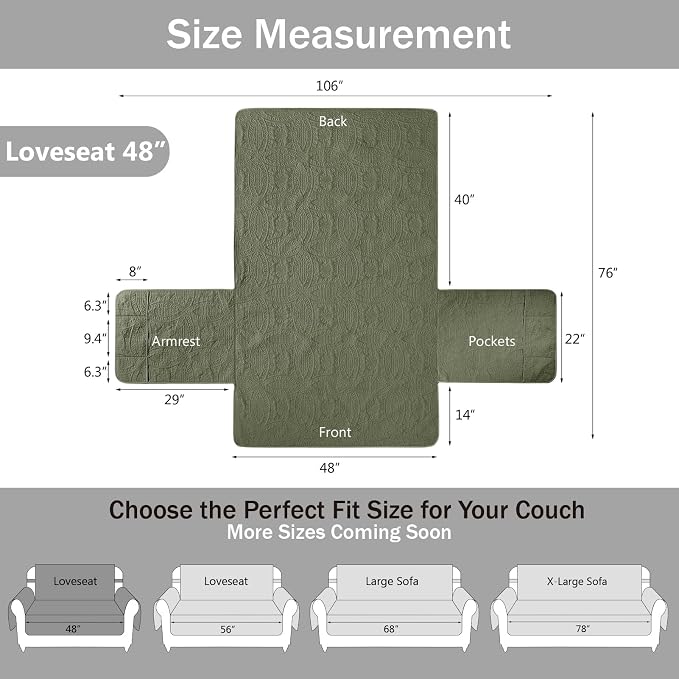 Olive Green Loveseat Covers for 2 Cushion Couch, Water-Repellent Slip Covers for Sofa, Washable Love Seat Quilted Couch Cover, Pet Friendly Loveseat Slipcovers (Loveseat 48", Olive Green) - Image 7