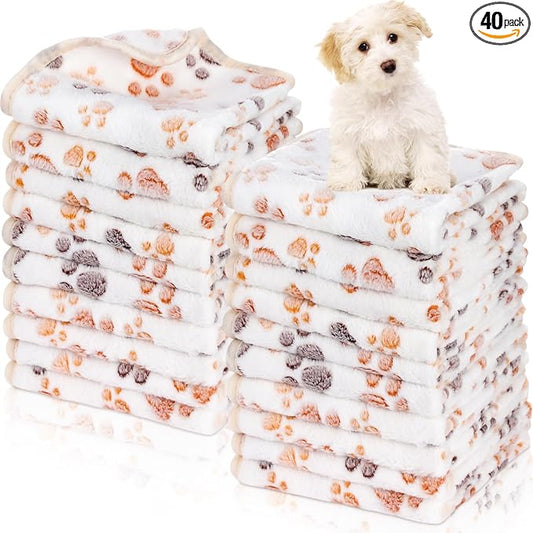 Chumia 40 Pcs Dog Blankets Soft Fluffy Fleece Washable Puppy Sleep Blankets Small Mat for Pets Throw Warm Bed Mat for Dog Puppy Cat (White,Paw) by Chumia