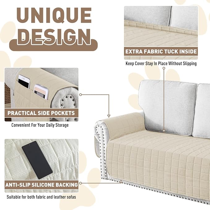 MAXIJIN Waterproof Oversized Couch Cover for Dogs Washable, Quilted Sofa Seat Cover for 3 Cushion Couch with Side Pockets, Non-Slip Furniture Protector for Pets Kids (Large Sofa, Beige) - Image 5