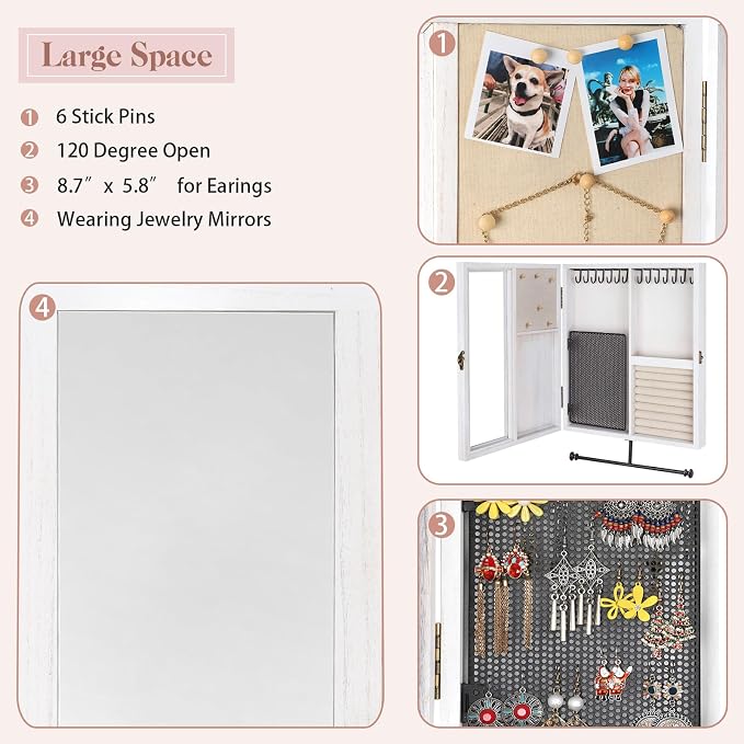 Keebofly Wall Jewelry Organizer Cabinet with Mirror,Rustic Wood Storage for Necklaces, Earrings, Bracelets & Rings, Large-Capacity Hanging Cabinet – White - Image 4