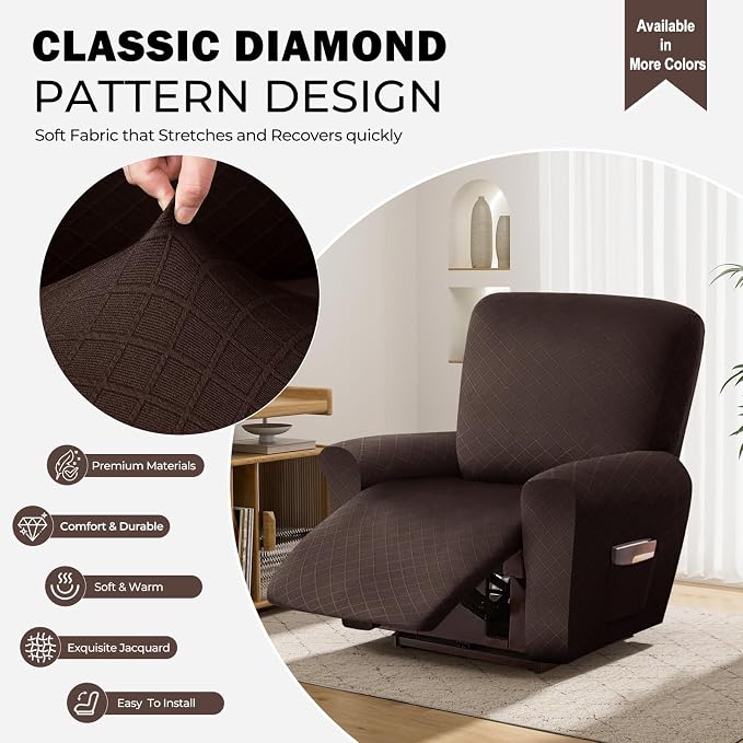 vctops Diamond Recliner Cover 4-Pieces Recliner Stretch Sofa Slipcover 1 Seater Couch Protector Soft Solid Furniture Protector Covers with Elastic Strap (Dark Coffee,1 Seat) - Image 3