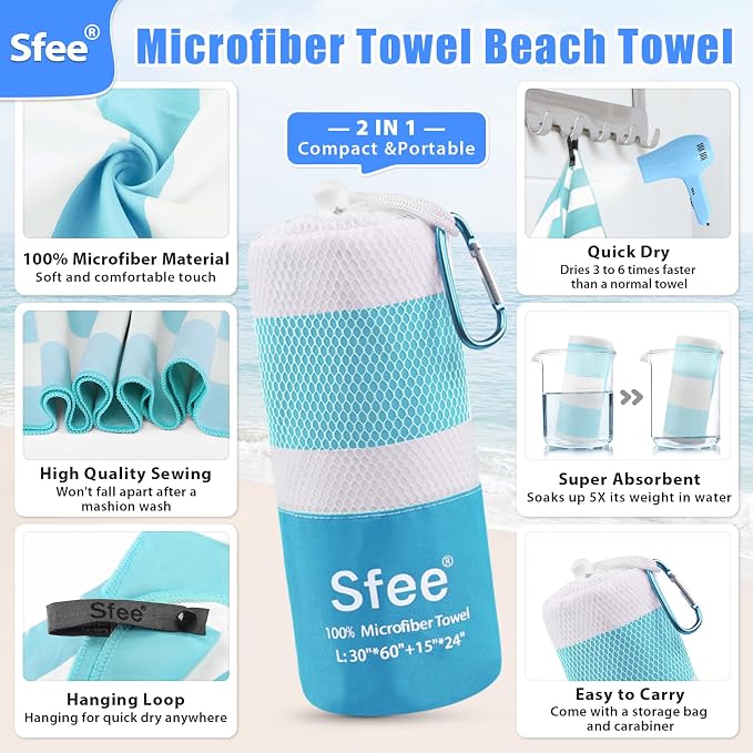 Sfee 2 in 1 Microfiber Oversized Beach Towel, Quick Dry Towel Travel Towel Camping Towel Super Absorbent Compact Lightweight Sports Gym Towels for Beach,Gym, Hiking, Pool, Backpacking, Bath, Yoga - Image 2