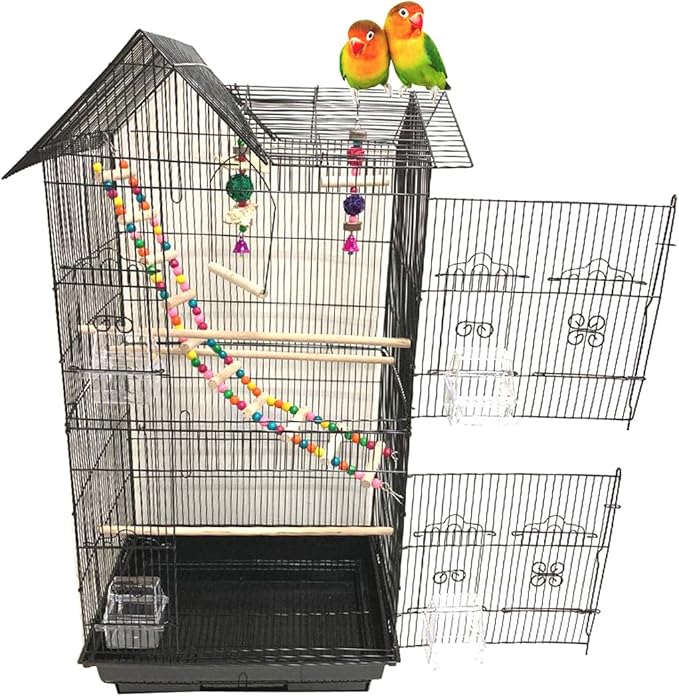 37-inch Portable Hanging Medium Flight Bird Cage for Cockatiel Sun Quaker Parakeet Green Cheek Conure Parrotlet Finch Canary Budgie Lovebird Small Parrot Travel Bird Cage (Black, with Toy) by Mcage