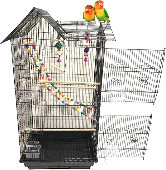37-inch Portable Hanging Medium Flight Bird Cage for Cockatiel Sun Quaker Parakeet Green Cheek Conure Parrotlet Finch Canary Budgie Lovebird Small Parrot Travel Bird Cage (Black, with Toy) by Mcage