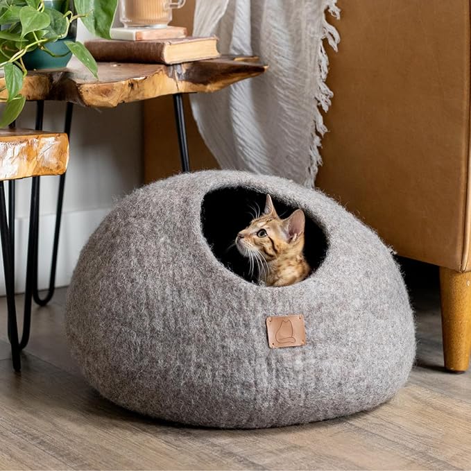 Extra Thick Felted Wool Cat Cave Bed Your Pet Will Love - Cozy and Warm Hideaway for Sleeping & Relaxing - Large and Small Pets - 100% Organic, Durable, Long-Lasting Comfort (Earth Brown, Small) - Image 2