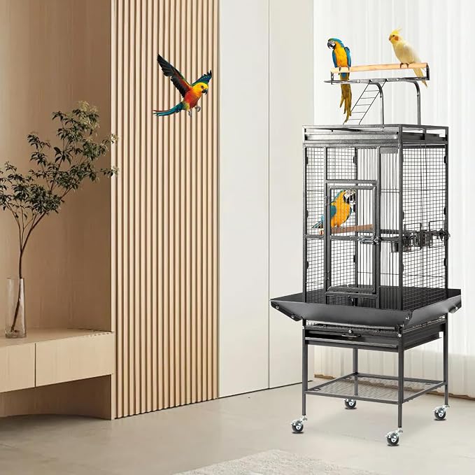VINGLI Bird Cage with Wheels, 62 inch Bird Cages with Play Top, Wrought Iron Cage with Rolling Stand for Parrots, Cockatiels, Budgies, Lovebirds, Small/Medium Birds (Black) - Image 7