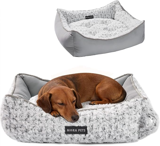 Mora Pets Cool & Warm Reversible Dog Bed for Medium Sized Dogs Washable, Claming Dog Bed Rectangle Soft Sleeping Puppy Bed Pet Cuddler with Anti Slip Bottom, Fluffy Grey Rose (30''x24''x8'') by MoraPets