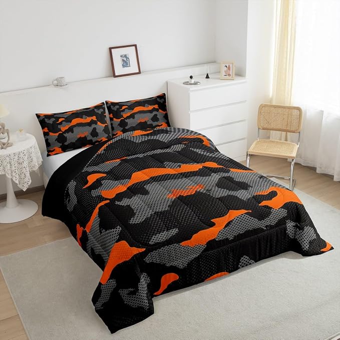 Erosebridal Army Camouflage Comforter Set King Size Teens Adult Camo Bedding Set for Kids Boys Girls Colorful Pattern Decor Down Comforter Orange Black Grey Duvet Set Geometric Pattern Quilt Set - Image 5