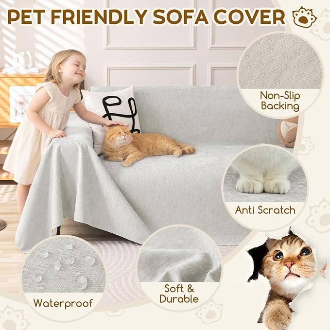 OstepDecor Waterproof Couch Covers for Pets, Couch Protector from Cat Claws | Washable Sofa Cover for Dogs, Non Slip Furniture Protector for Sofas, Loveseats & Sectionals, 71"x102", Light Grey - Image 3