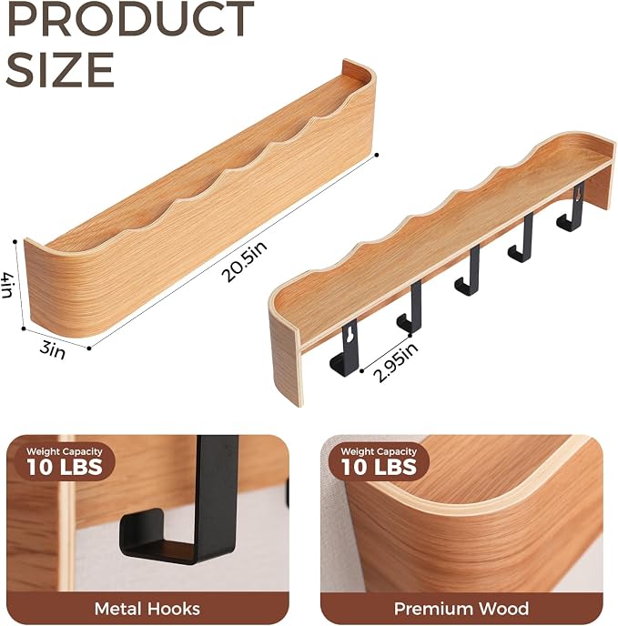 Coat Rack Wall Mount with Shelf Entryway Shelf Modern Key Holder Hanger Wall Shelves with Hidden Hooks for Hanging Towels Coats Hats Bags for Hallway Bathroom Bedroom(Wavy Oak, 5 Hooks) - Image 2