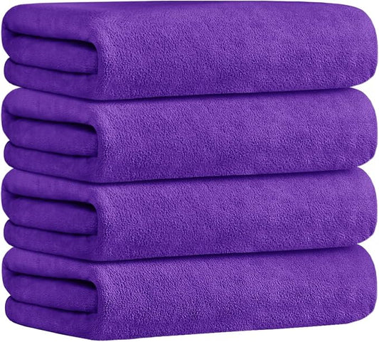JML Microfiber Bath Towels, 4 Pack, 30" x 60", Violet | Oversized, Ultra Soft, Super Absorbent, Fast Drying, Perfect for Bathroom, Shower, Sauna, Yoga, Gym by JML