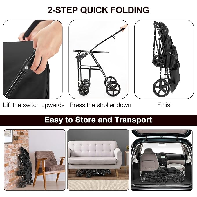 Double Pet Stroller for Dogs and Cats with 2 Detachable Carrier, Quick-Folding Dog Stroller for Medium Small Dogs Cats, 4 Wheels, Black