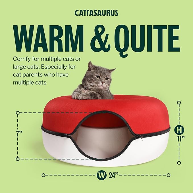 Cattasaurus Peekaboo Cat Cave Donut for Multiple & Large Cats up to 30-45 lbs, 3-in-1 Self Warming Cat Bed, Tunnel & Scratcher for Indoor Cats, Washable & Detachable Dog Bed (Ruby Snowball, Large) - Image 2