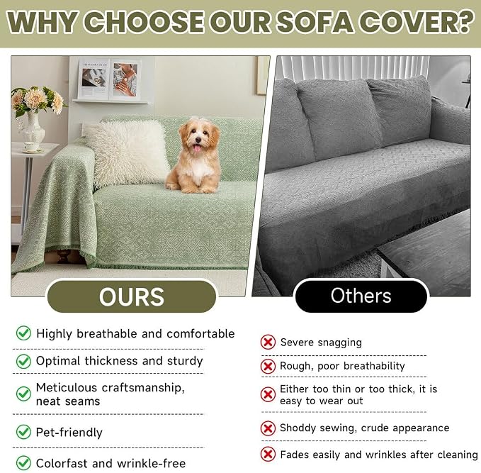 ROOMLIFE Green Sofa Cover, Vintage Boho Couch Cover for 3 Cushion Sofa, Soft Breathable Sofa Cover for Dog, Washable Furniture Sofa Protector Cover Blanket with Tassel for Living Room, 71 '' X 118'' - Image 4