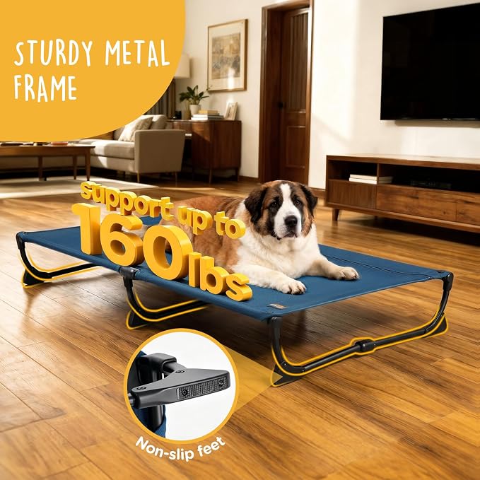 CANINE CANYON Folding Raised Dog Cot, Large Outdoor Elevated Dog Bed with Upgraded Non-Slip Feet, Cooling Chew Proof Portable Heavy Duty Pet Cot Up to 160 lbs for Camping/Home, Dark Blue, 43"x27" - Image 3