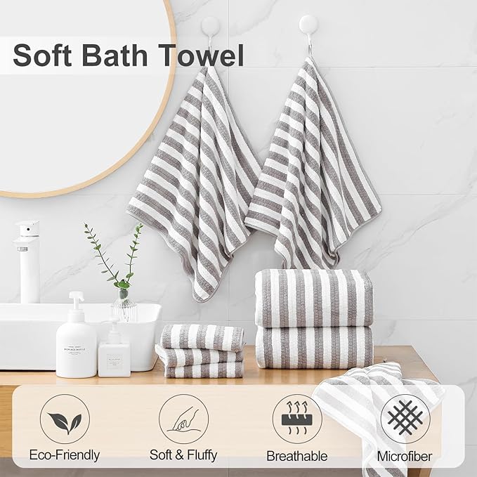 Smuge 18 Pcs Bath Towel Set, Include 6 Bath Towel Sheets, 6 Hand Towels and 6 Washcloths - Highly Absorbent Quick Dry Microfiber,Ultra Soft Bathroom Towel Set with Hanging Loop - Light Gray - Image 3