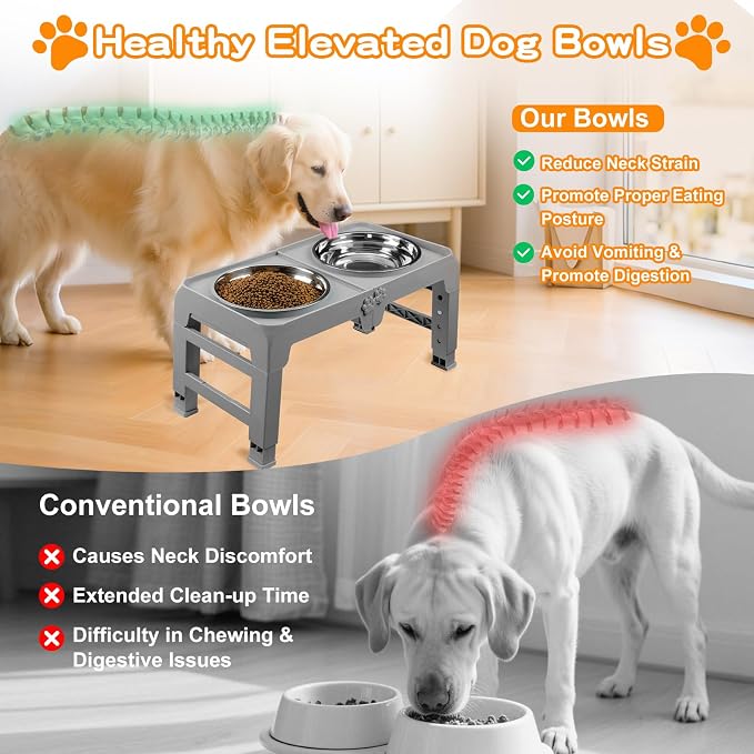 Elevated Dog Bowls for Large Dogs 5 Adjustable Heights 7.5"-15.4", 2 X-Large 10” Stainless Steel Bowls, Heavy Duty Raised Dog Bowl Stand Foldable Pet Feeder for Dogs Shoulder Height Over 15”, Grey - Image 3