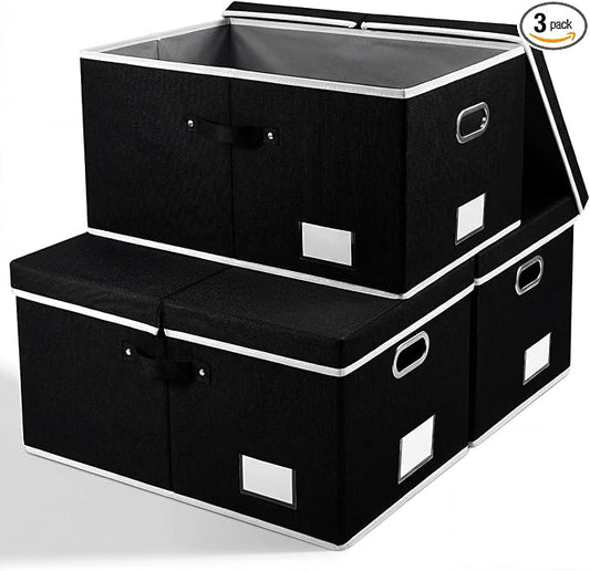 PRANDOM Storage Boxes with Lids [3-Pack] Fabric Collapsible Storage Bins Organizer Containers Baskets Cube with Cover for Home Bedroom Closet Office Nursery Black（23.4X15.9X11.5 by Prandom