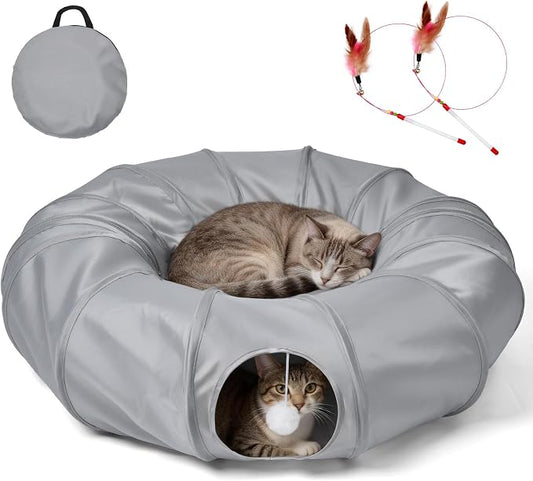 Cat Tunnel Bed with 2Pcs Interactive Toys, 3-in-1 DIY Collapsible Plush Cat Tube with Washable Mat, Large Indoor Play Tunnel Cave for Kittens and Small Animals by Odoland