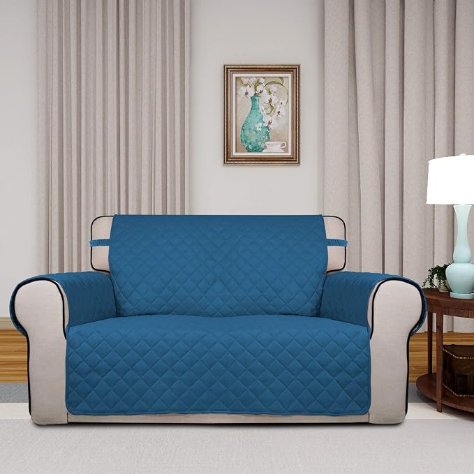 PureFit Reversible Quilted Sofa Cover, Water Resistant Medium Slipcover Furniture Protector, Washable Couch Cover with Non Slip Foam and Elastic Straps for Kids, Pets (Loveseat, Peacock Blue/Beige) | Peacock Blue/Beige, Water Resistant Couch Protector,... - Image 2