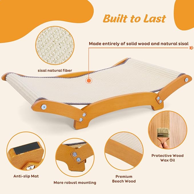 Sisal Cat Scratcher Bed for Indoor Cats, Extra-Larger Cat Scratching Board, Lounger & Play & Scratch, Cat Scratch Pad for Bored Kittens and Adult Cats, with Sturdy Solid Wood Frame, Beige - Image 3