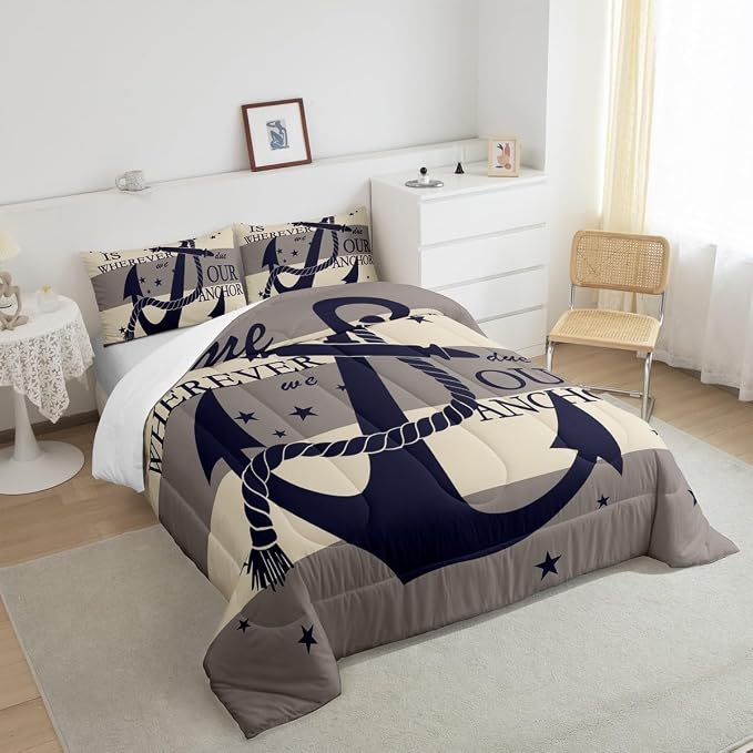 Homewish Anchor Duvet Insert Geometric Stripe Print Comforter Set Nautical Bedding Set 3pcs for Kids Boys Teens Microfiber Down Comforter with 2 Pillowcases, Queen Size - Image 5