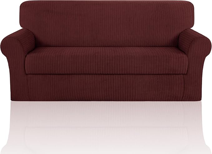 Sofa Cover Stretching Skid Resistance Couch Cover for Pets Washable, Thick and Durable Soft High Spandex Striped Pattern Sofa Covers, Form Fitted Sofa Slipcover(Sofa, Burgundy) by ChengEase