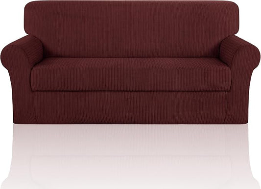 Sofa Cover Stretching Skid Resistance Couch Cover for Pets Washable, Thick and Durable Soft High Spandex Striped Pattern Sofa Covers, Form Fitted Sofa Slipcover(Sofa, Burgundy) by ChengEase
